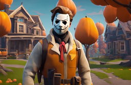 Fortnite-style Michael Myers in a Wes Anderson-inspired town during Halloween.