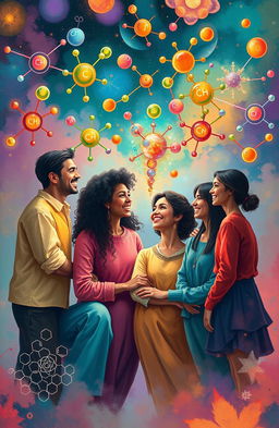 An artistic representation of the concept of chemistry connecting people, featuring diverse individuals from various backgrounds interacting and engaging with colorful chemical symbols and molecules swirling around them, radiating a sense of warmth and unity