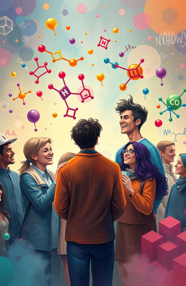 An artistic representation of the concept of chemistry connecting people, featuring diverse individuals from various backgrounds interacting and engaging with colorful chemical symbols and molecules swirling around them, radiating a sense of warmth and unity