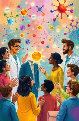An artistic representation of the concept of chemistry connecting people, featuring diverse individuals from various backgrounds interacting and engaging with colorful chemical symbols and molecules swirling around them, radiating a sense of warmth and unity