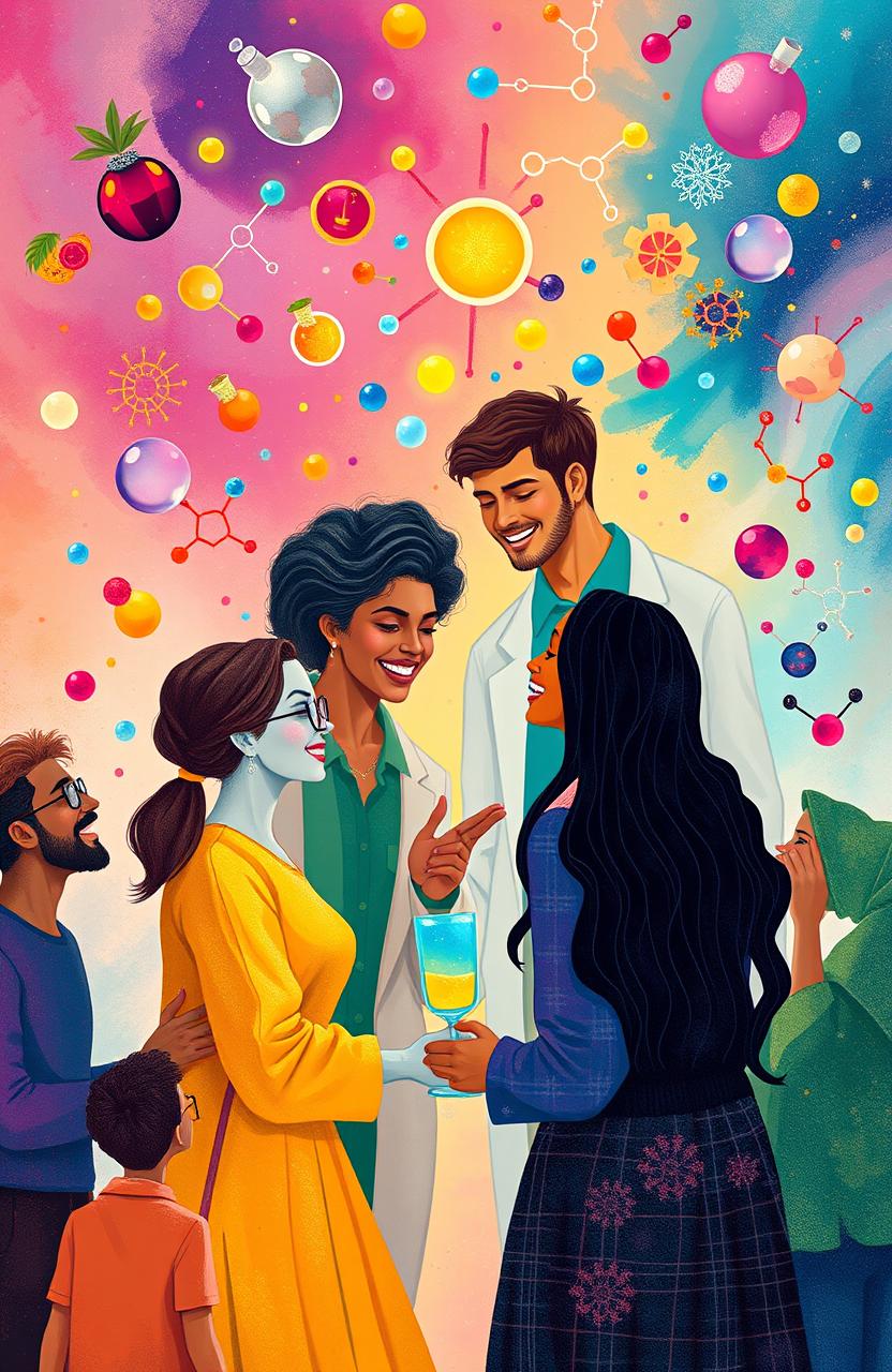 An artistic representation of the concept of chemistry connecting people, featuring diverse individuals from various backgrounds interacting and engaging with colorful chemical symbols and molecules swirling around them, radiating a sense of warmth and unity