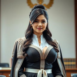 A stunningly beautiful Indonesian woman with mixed Central Asian heritage, featuring a curvaceous figure and prominently showcasing her ample bosom