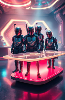 A whimsical and surreal depiction of a group of people transformed into Mandalorian-inspired table components
