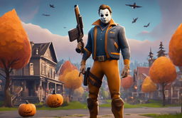 Fortnite-style Michael Myers in a Wes Anderson-inspired town during Halloween.