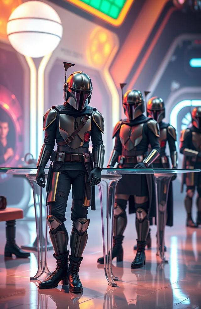 A whimsical and surreal depiction of a group of people transformed into Mandalorian-inspired table components