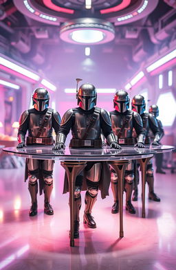 A whimsical and surreal depiction of a group of people transformed into Mandalorian-inspired table components
