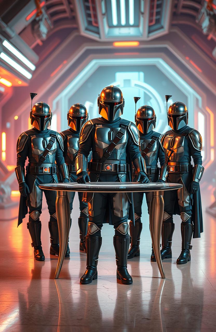 A whimsical and surreal depiction of a group of people transformed into Mandalorian-inspired table components