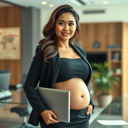 A stunningly beautiful Indonesian woman of mixed Central Asian heritage, showcasing a curvaceous figure and prominently featuring her ample bosom