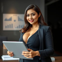 A stunningly beautiful Indonesian woman of mixed Central Asian heritage, showcasing a curvaceous figure and prominently featuring her ample bosom