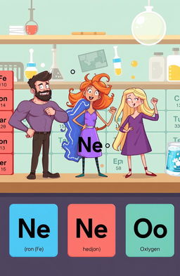 A whimsical illustration of people represented as elements of the periodic table, each character uniquely designed to reflect their associated element