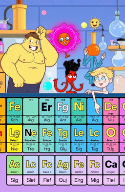 A whimsical illustration of people represented as elements of the periodic table, each character uniquely designed to reflect their associated element