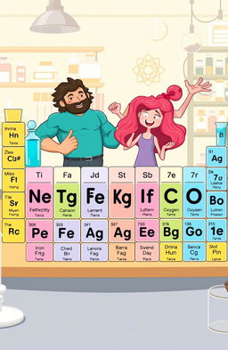 A whimsical illustration of people represented as elements of the periodic table, each character uniquely designed to reflect their associated element