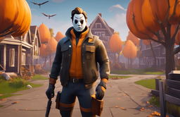 Fortnite-style Michael Myers in a Wes Anderson-inspired town during Halloween.