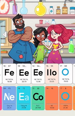 A whimsical illustration of people represented as elements of the periodic table, each character uniquely designed to reflect their associated element