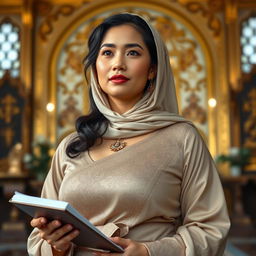 A stunningly beautiful Indonesian woman of mixed Central Asian heritage, showcasing a curvaceous figure and prominently featuring her ample bosom