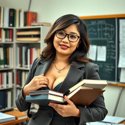 A stunningly beautiful Indonesian woman of mixed Central Asian heritage, showcasing a curvaceous figure and prominently featuring her ample bosom