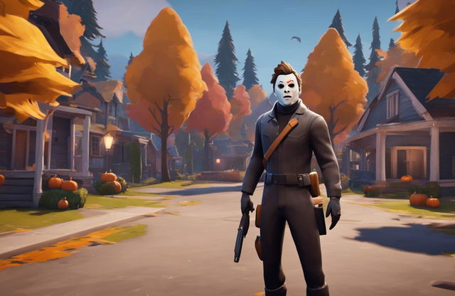 Fortnite-style Michael Myers in a Wes Anderson-inspired town during Halloween.