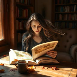 A serene scene of a woman reading a book with its pages gently fluttering, as if caught by a soft breeze