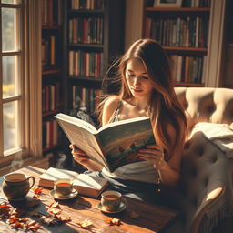 A serene scene of a woman reading a book with its pages gently fluttering, as if caught by a soft breeze