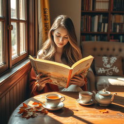 A serene scene of a woman reading a book with its pages gently fluttering, as if caught by a soft breeze