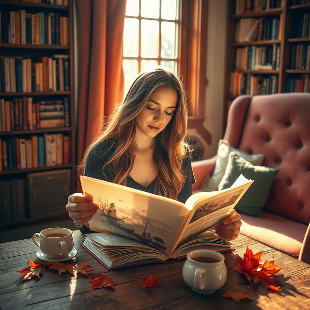 A serene scene of a woman reading a book with its pages gently fluttering, as if caught by a soft breeze