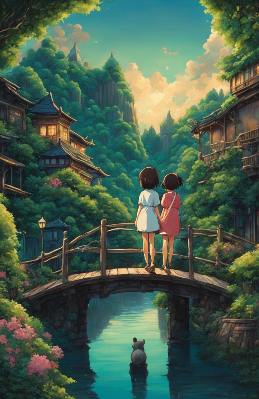 Detailed Spirited Away poster in Studio Ghibli style featuring Chihiro and Haku on a bridge leading to an intricately detailed bathhouse surrounded by lush greenery under a twilight sky