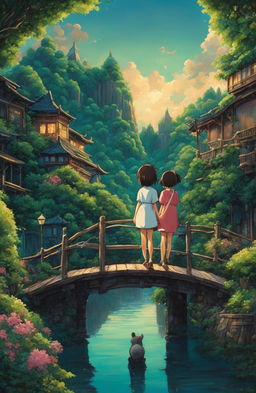 Detailed Spirited Away poster in Studio Ghibli style featuring Chihiro and Haku on a bridge leading to an intricately detailed bathhouse surrounded by lush greenery under a twilight sky