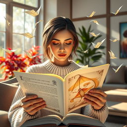 A stunning 3D visualization of a woman reading a book with its pages elegantly fluttering in the air