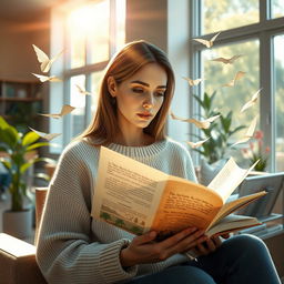 A stunning 3D visualization of a woman reading a book with its pages elegantly fluttering in the air