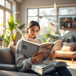 A stunning 3D visualization of a woman reading a book with its pages elegantly fluttering in the air