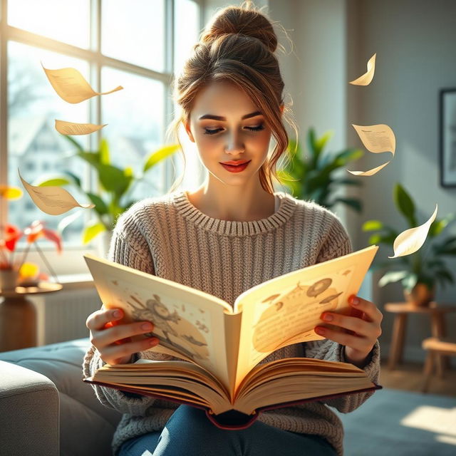 A stunning 3D visualization of a woman reading a book with its pages elegantly fluttering in the air