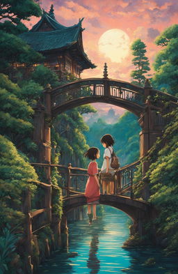 Detailed Spirited Away poster in Studio Ghibli style featuring Chihiro and Haku on a bridge leading to an intricately detailed bathhouse surrounded by lush greenery under a twilight sky