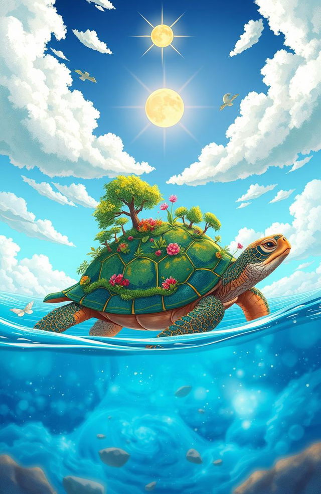 A serene and imaginative illustration of 'The World on the Turtle's Back' featuring a majestic turtle swimming gracefully through a vibrant and colorful landscape