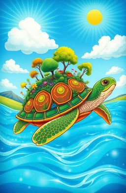 A serene and imaginative illustration of 'The World on the Turtle's Back' featuring a majestic turtle swimming gracefully through a vibrant and colorful landscape