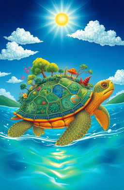 A serene and imaginative illustration of 'The World on the Turtle's Back' featuring a majestic turtle swimming gracefully through a vibrant and colorful landscape