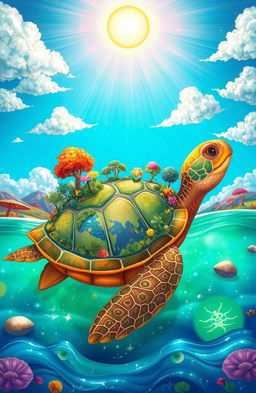 A serene and imaginative illustration of 'The World on the Turtle's Back' featuring a majestic turtle swimming gracefully through a vibrant and colorful landscape