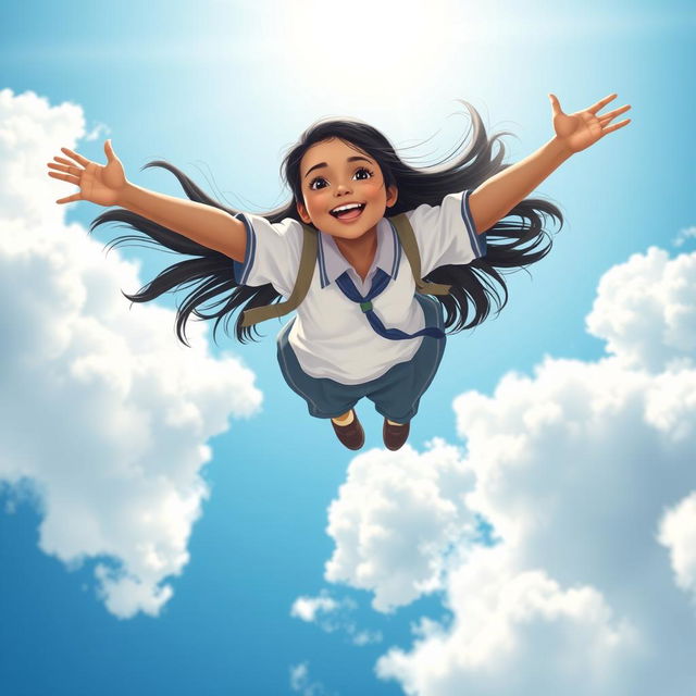 A young Indian school girl with long black hair, wearing a traditional school uniform, is soaring high in the blue sky, surrounded by fluffy white clouds