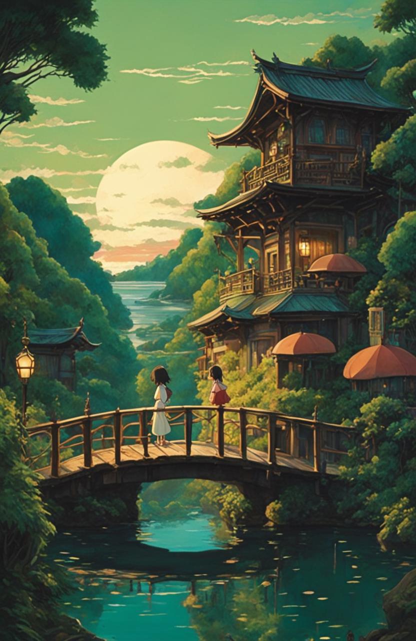 Detailed Spirited Away poster in Studio Ghibli style featuring Chihiro and Haku on a bridge leading to an intricately detailed bathhouse surrounded by lush greenery under a twilight sky