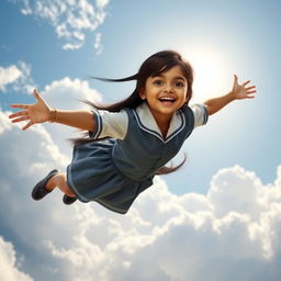 A young Indian school girl with long black hair, wearing a traditional school uniform, is soaring high in the blue sky, surrounded by fluffy white clouds