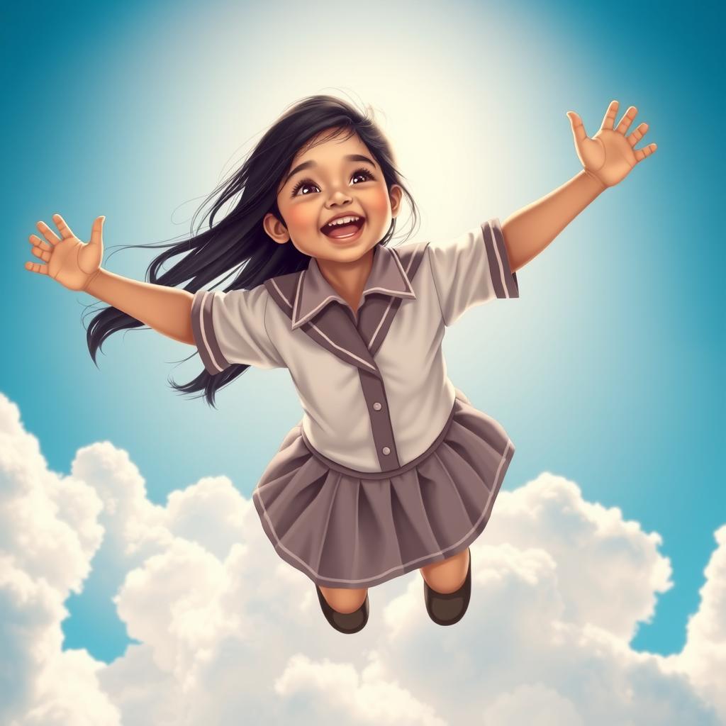 A young Indian school girl with long black hair, wearing a traditional school uniform, is soaring high in the blue sky, surrounded by fluffy white clouds