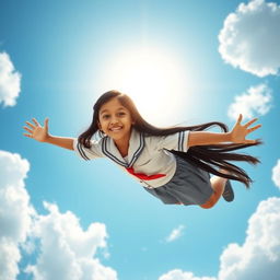 A young Indian school girl with long black hair, wearing a traditional school uniform, is soaring high in the blue sky, surrounded by fluffy white clouds