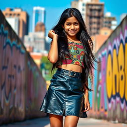 A young Indian girl confidently wearing a stylish black leather skirt paired with a vibrant, patterned crop top