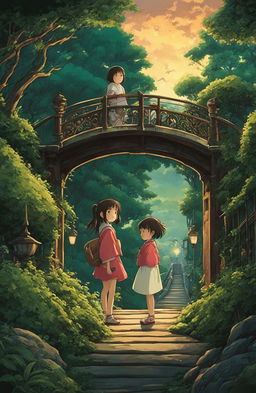 Detailed Spirited Away poster in Studio Ghibli style featuring Chihiro and Haku on a bridge leading to an intricately detailed bathhouse surrounded by lush greenery under a twilight sky