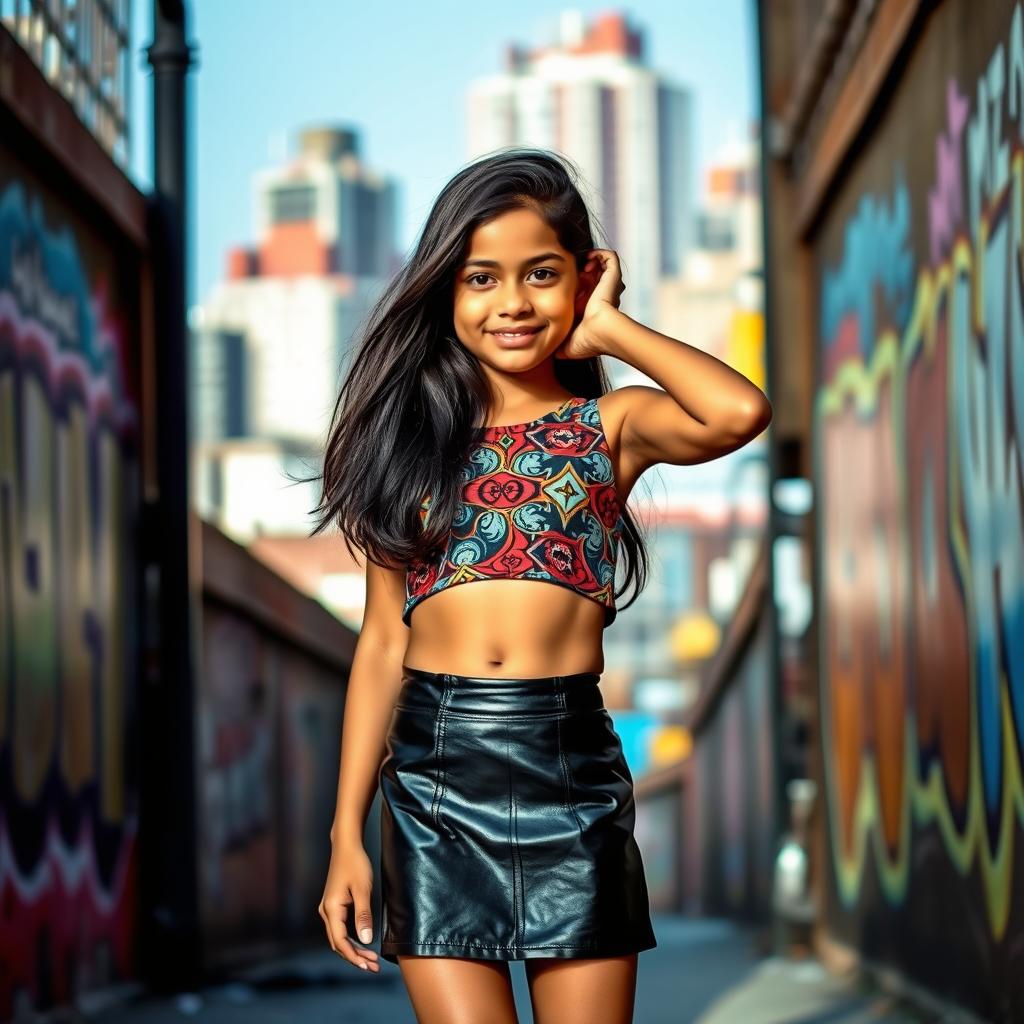 A young Indian girl confidently wearing a stylish black leather skirt paired with a vibrant, patterned crop top