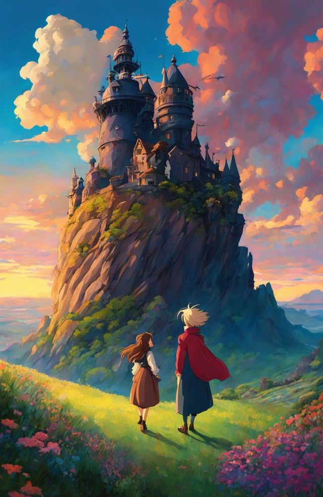 Detailed Howl's Moving Castle poster in Studio Ghibli style featuring Sophie and Howl in front of the moving castle amidst a vibrant landscape under a sunset sky