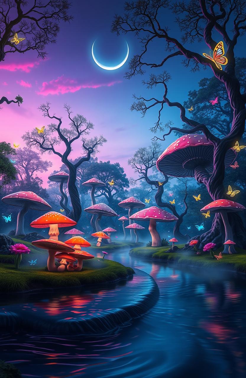 A surreal landscape featuring a magical forest at twilight, with luminous, oversized mushrooms in a variety of colors, glowing butterflies fluttering around, and a light mist covering the ground