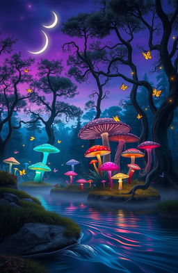 A surreal landscape featuring a magical forest at twilight, with luminous, oversized mushrooms in a variety of colors, glowing butterflies fluttering around, and a light mist covering the ground