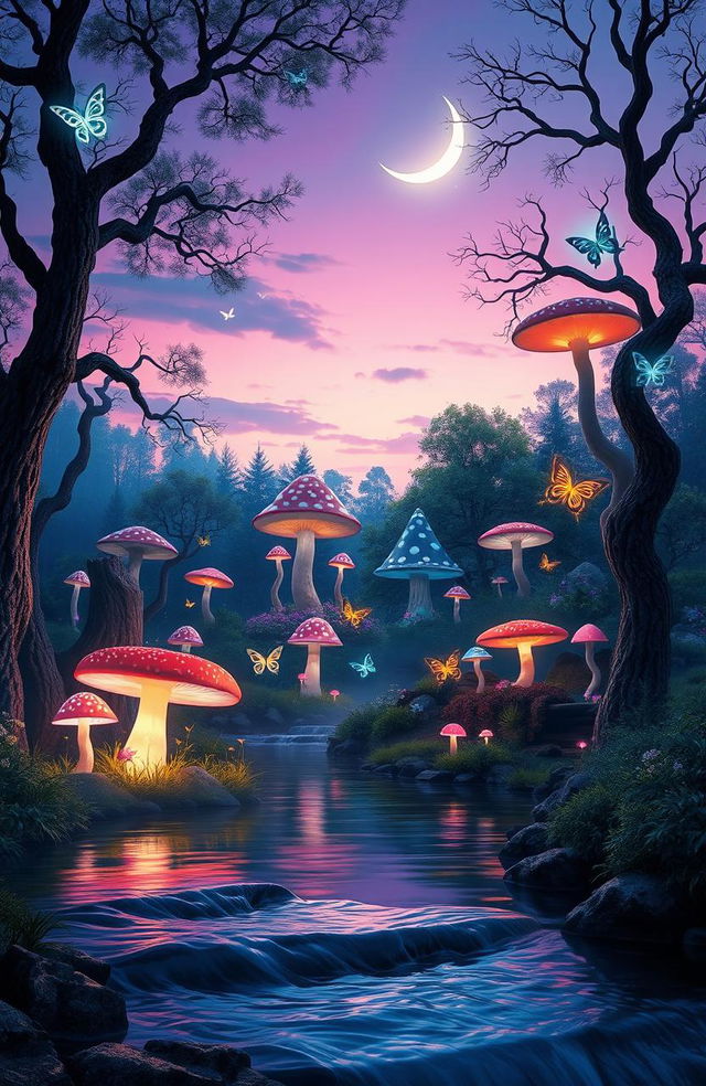 A surreal landscape featuring a magical forest at twilight, with luminous, oversized mushrooms in a variety of colors, glowing butterflies fluttering around, and a light mist covering the ground