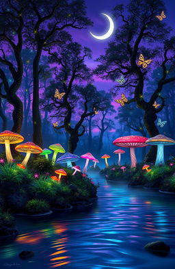 A surreal landscape featuring a magical forest at twilight, with luminous, oversized mushrooms in a variety of colors, glowing butterflies fluttering around, and a light mist covering the ground