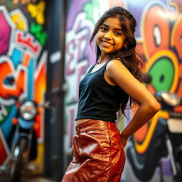 A young Indian girl confidently posing in a stylish leather skirt with a modern, urban backdrop